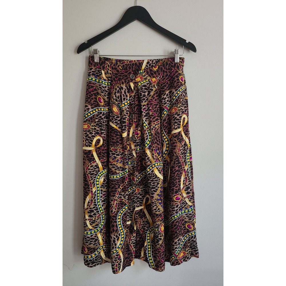Vintage Leopard Chain Print Button Front Rayon Midi Skirt Brown Gold Size 10